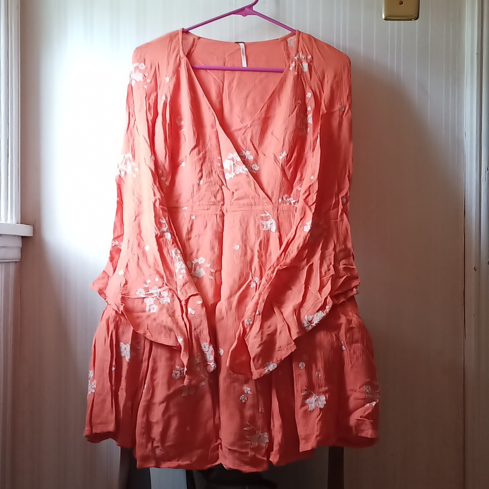 Free People Orange Embroidered V-Neck Bell Sleeve Dress - Size 6